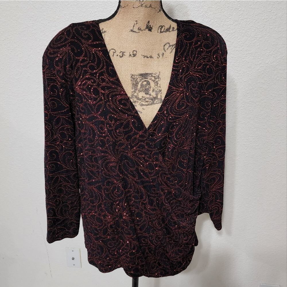 Dressbarn cross front red metallic trim long sleeve special occasion blouse plus